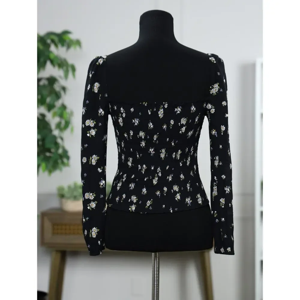 Romantic French Girl Black Ditsy Floral Print Reformation Puff Sleeve Top Size 4